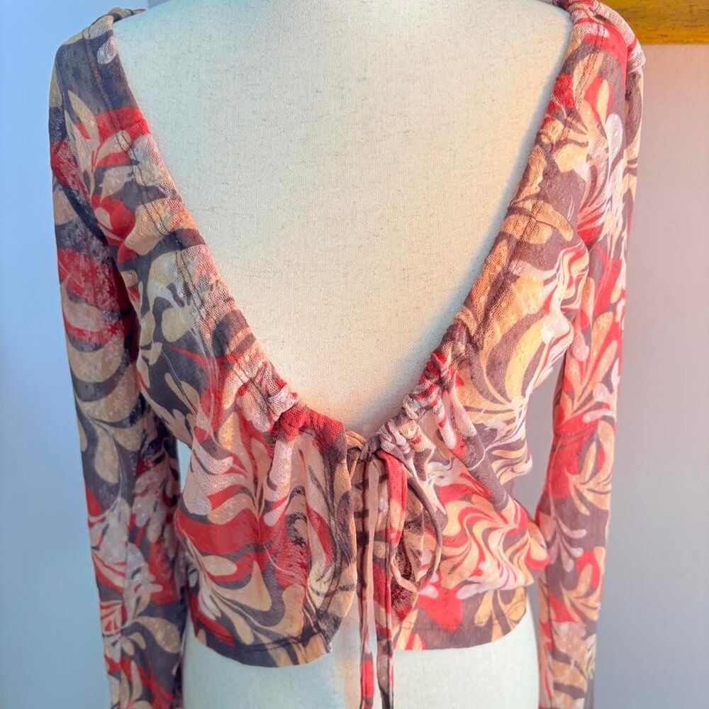 Weekenders Joy Collection Vintage-Inspired Floral Tie-Front Sheer Crop Top M